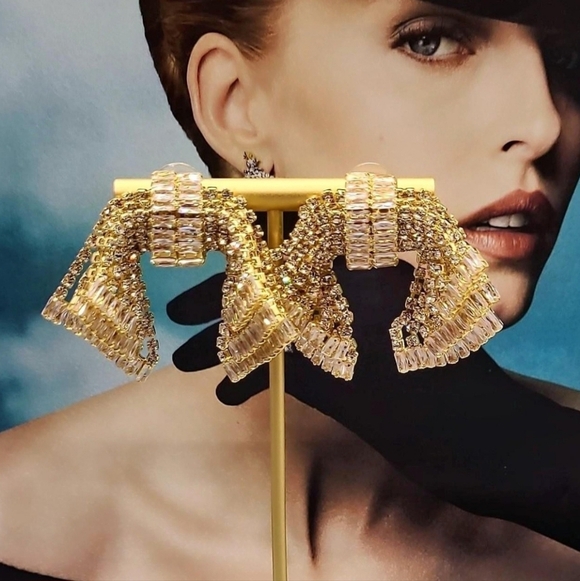 Estate Jewelry - Estate AB Luxury Palace Chic Crystal Exaggerated Bow Gold Dangle Earrings
